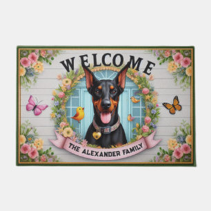 Family Name Doberman Pincher Dog Floral Welcome Doormat