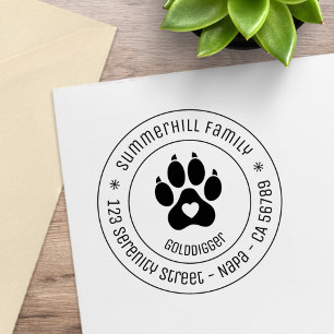 Family Name Dog Paw Print Round Address Rubber Stamp