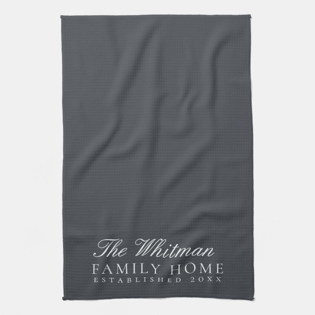 Family Name Elegant Slate Grey Kitchen Towel (Vertical)