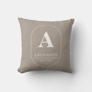 Family Name Established Warm Taupe Custom Monogram Throw Pillow