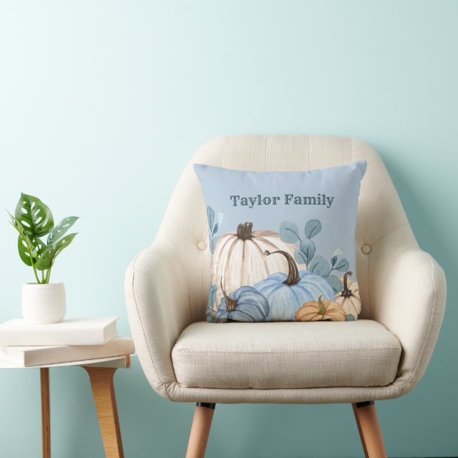 Family Name Fall Farmhouse Blue Grey Pumpkin Patch Throw Pillow (Chair)