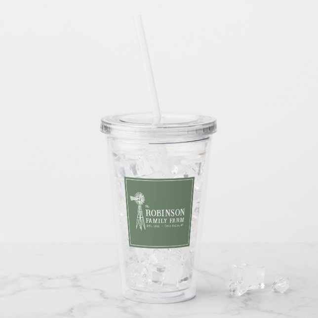 Family Name Farm Rustic Windmill Sage Green  Acrylic Tumbler (Front Ice)