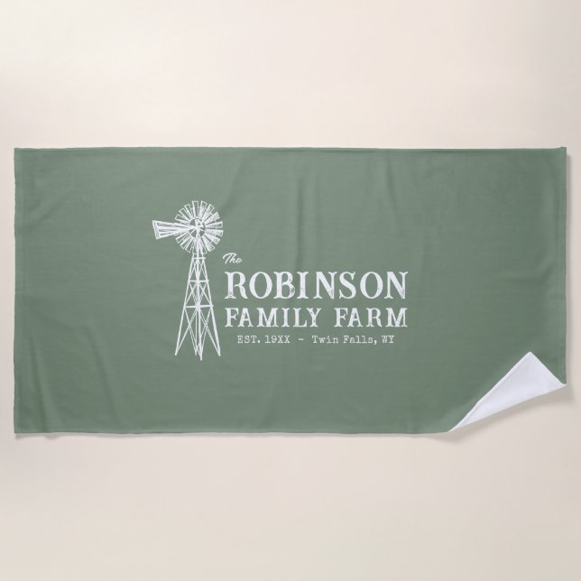 Family Name Farm Rustic Windmill Sage Green Beach Towel (Front)