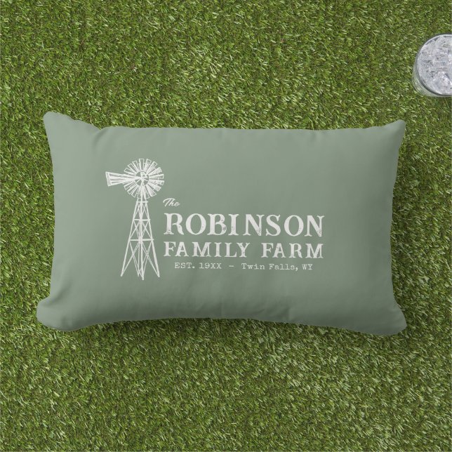 Family Name Farm Rustic Windmill Sage Green Porch Lumbar Pillow (Grass)