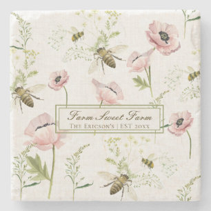 Family name Farm Sweet Farm poppies and wildflower Stone Coaster