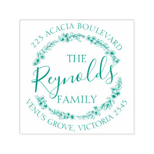 Family name floral wreath return address stamper self-inking stamp