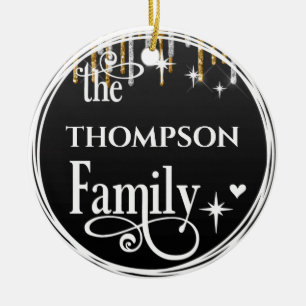 Family Name Gold Glitter Drips Black Christmas  Ceramic Ornament