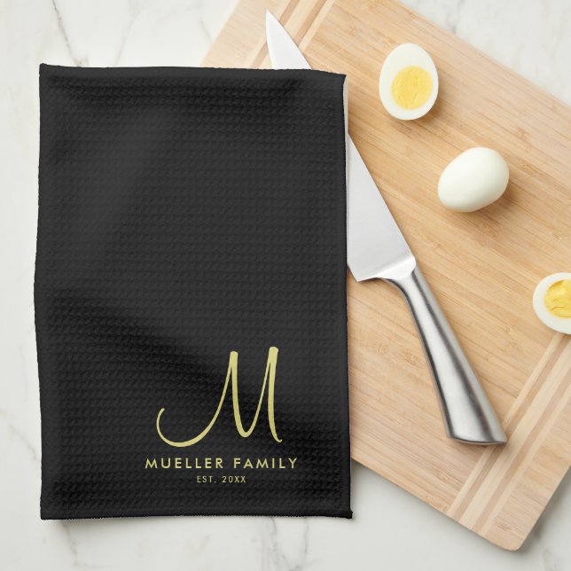 Family Name Gold Monogram Black Personalized Kitchen Towel (Quarter Fold)
