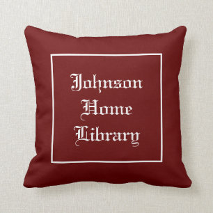 Family name home library dark red  throw pillow