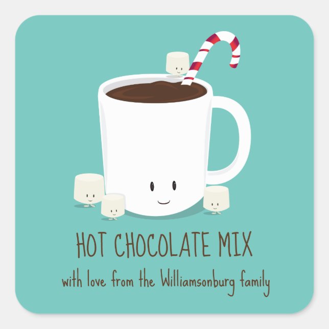 Family Name Hot Chocolate Mix Christmas Square Sticker (Front)