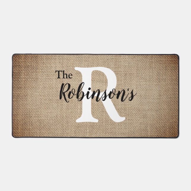 Family Name Initial Rustic Burlap Image Customized Desk Mat (Front)
