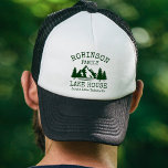 Family Name Lake House Forest Green Silhouette Trucker Hat<br><div class="desc">A stylish hat displaying your personalized family name with "lake house" and lake name,  location or other desired text. Features include a custom designed silhouette of rustic trees,  mountains and lake. Feel free to visit my designer store to see more items like this. Thanks.</div>