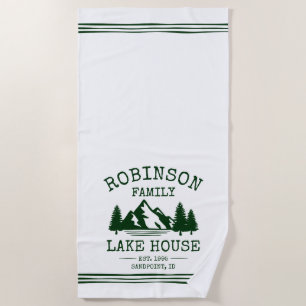 Family Name Lake House Forest Green Trees Beach Towel