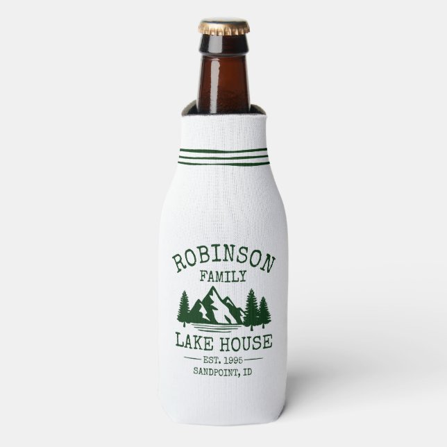 Family Name Lake House Forest Green Trees Bottle Cooler (Bottle Front)