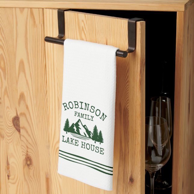 Family Name Lake House Forest Green Trees Kitchen Towel (Thirds Fold)