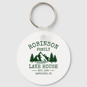 Family Name Lake House Forest Green Trees Round Keychain