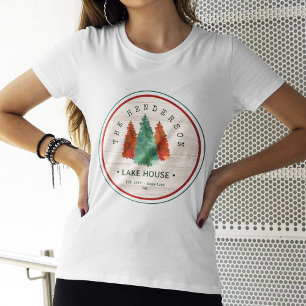 Family Name Lake House Pine Tree wood background T-Shirt