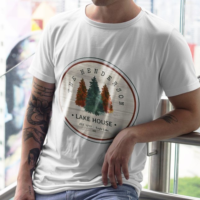 Family Name Lake House Pine Tree wood background T-Shirt (Creator Uploaded)