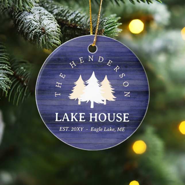 Family Name Lake House Pine Tree wood Personalized Ceramic Ornament (Creator Uploaded)