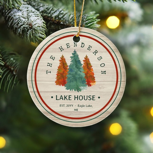 Family Name Lake House Pine Tree wood Personalized Ceramic Ornament (Creator Uploaded)