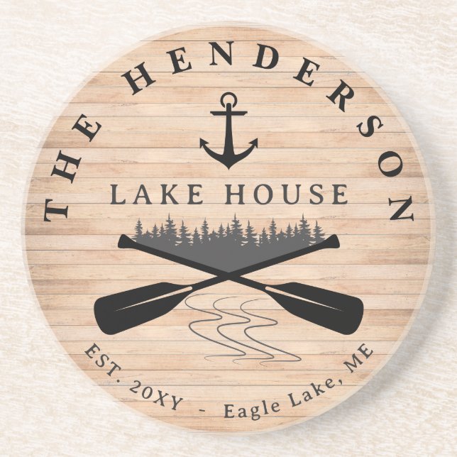 Family Name Lake House Pine Tree wood Personalized Coaster (Front)