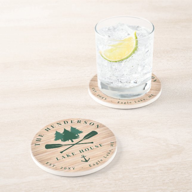 Family Name Lake House Pine Tree wood Personalized Coaster (Side)
