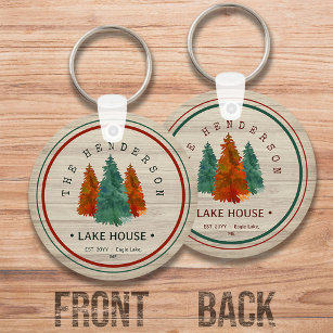 Family Name Lake House Pine Tree wood Personalized Keychain