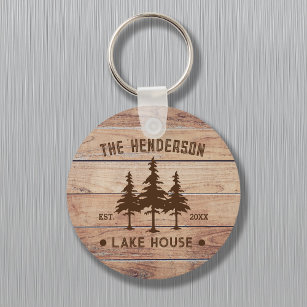Family Name Lake House Pine Tree wood Personalized Keychain