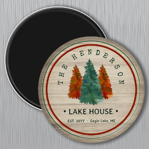 Family Name Lake House Pine Tree wood Personalized Magnet
