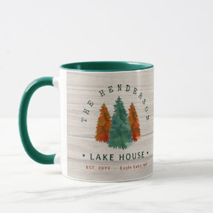 Family Name Lake House Pine Tree wood Personalized Mug