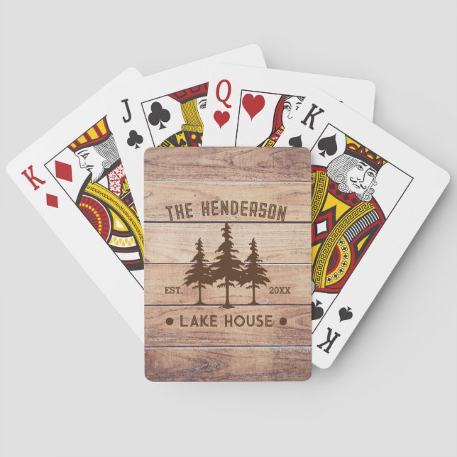 Family Name Lake House Pine Tree wood Personalized Playing Cards (Back)