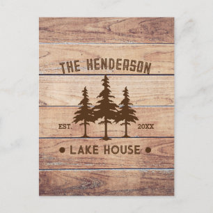 Family Name Lake House Pine Tree wood Personalized Postcard