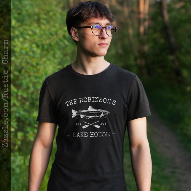 Family Name Lake House Rustic Fish Oars Black T-Shirt (Several styles and colors to choose from.)