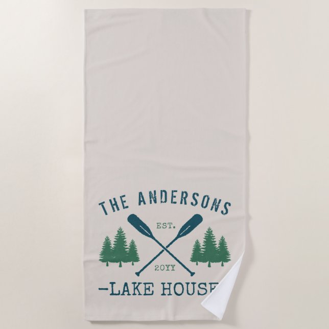 Family Name Lake House Rustic Oars Pine Trees Beach Towel (Front)