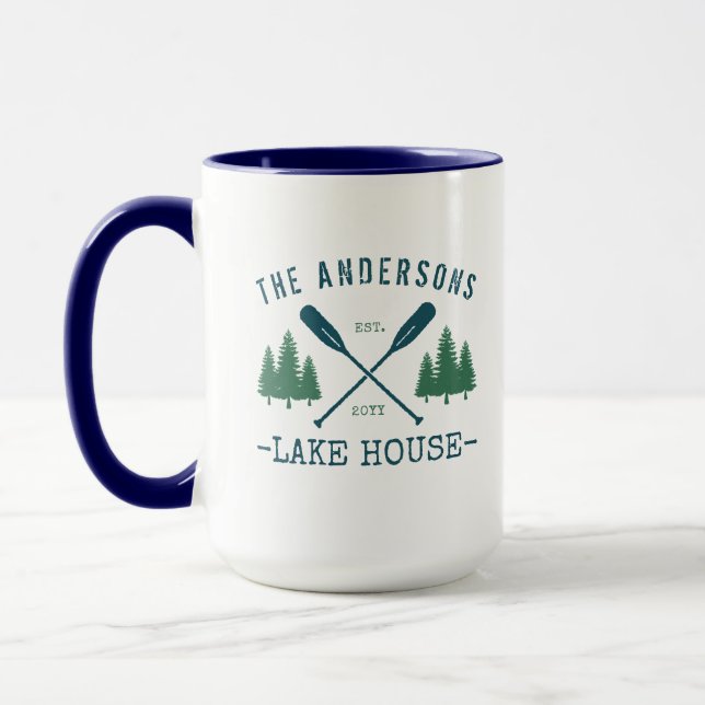 Family Name Lake House Rustic Oars Pine Trees Big Mug (Left)