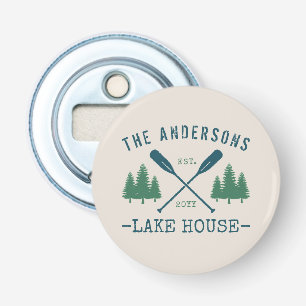 Family Name Lake House Rustic Oars Pine Trees Bottle Opener