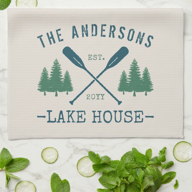 Family Name Lake House Rustic Oars Pine Trees Kitchen Towel (Folded)