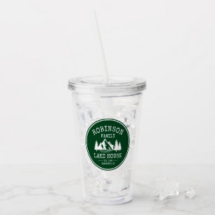 Family Name Lake House Trees Forest Green Acrylic Tumbler