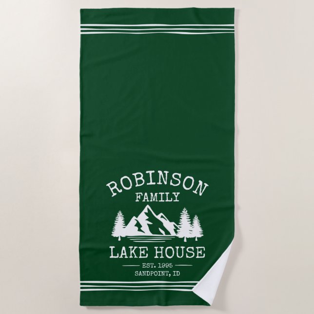 Family Name Lake House Trees Forest Green Beach Towel (Front)