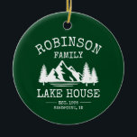 Family Name Lake House Trees Forest Green Ceramic Ornament<br><div class="desc">Personalize your family lake house holiday with a beautiful, rustic themed ornament, featuring your family name, lake house location and established date. This unique, custom design features a lake, trees and mountains emblem on stylish forest green. A great addition to your vacation home decor. Feel free to visit my designer...</div>