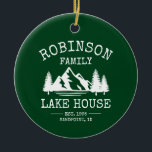 Family Name Lake House Trees Forest Green Ceramic Ornament<br><div class="desc">Personalize your family lake house holiday with a beautiful, rustic themed ornament, featuring your family name, lake house location and established date. This unique, custom design features a lake, trees and mountains emblem on stylish forest green. A great addition to your vacation home decor. Feel free to visit my designer...</div>