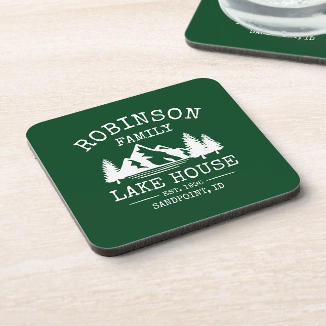 Family Name Lake House Trees Forest Green Corked Coaster (Left Side)
