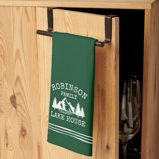 Family Name Lake House Trees Forest Green Kitchen Towel (Thirds Fold)