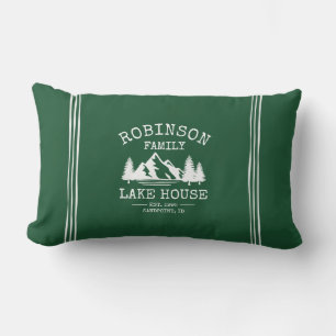 Family Name Lake House Trees Forest Green Lumbar Pillow
