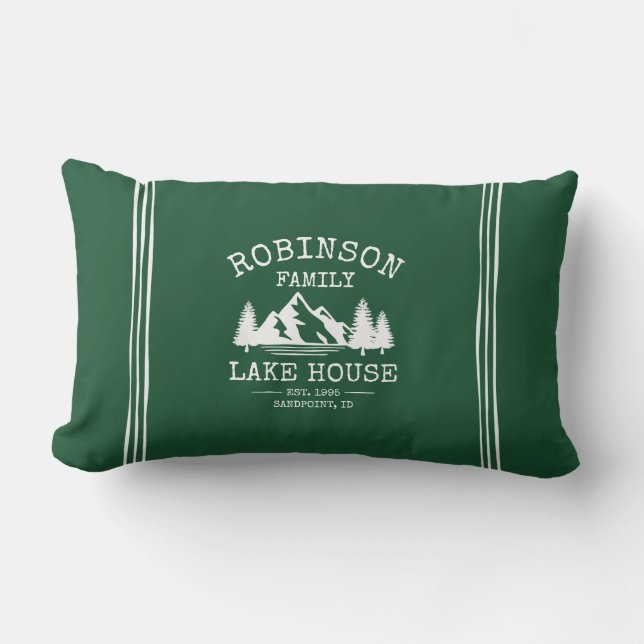 Family Name Lake House Trees Forest Green Lumbar Pillow (Front)