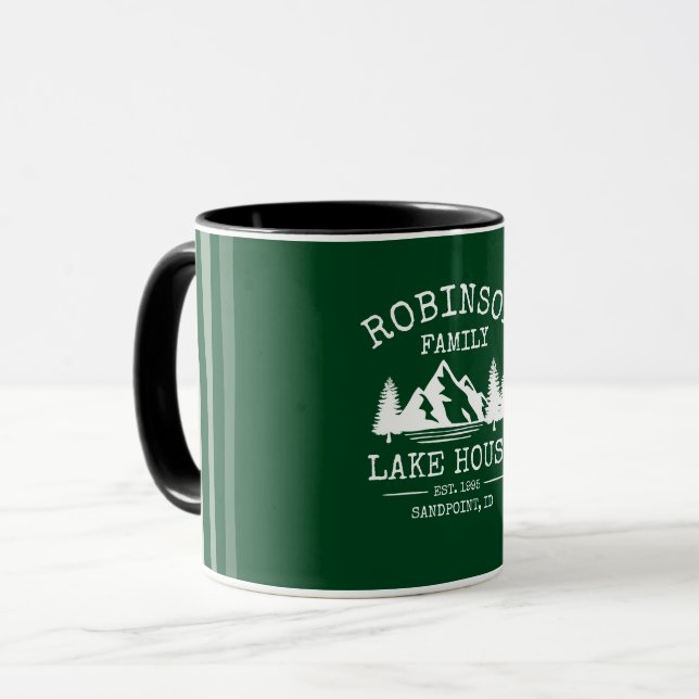Family Name Lake House Trees Forest Green Two Tone Mug (Front Left)