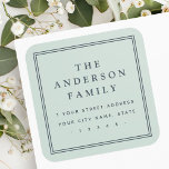 Family name light dusty sea green return address square sticker<br><div class="desc">Elegant,  light dusty sea green or custom colour return address labels featuring your family name in an elegant serif font and the return address below surrounded by a double border.</div>