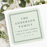 Family name light sage green return address square sticker<br><div class="desc">Elegant,  light sage green or custom colour return address labels featuring your family name in an elegant serif font and the return address below surrounded by a double border.</div>