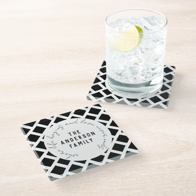 Family Name Love Quote Modern Black and White Glass Coaster (Angled)