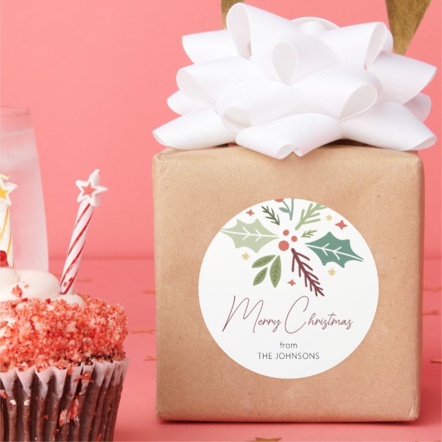 Family Name Merry Christmas Berry Foliage Script  Classic Round Sticker (Party)